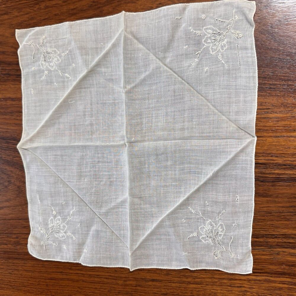 Antique Whitework Hand Embroidered Linen Wedding Handkerchief Something Old